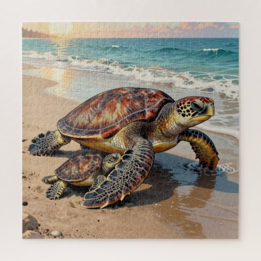 Sea Turtle and Baby on Beach Illustration Puzzle (Vertikal)
