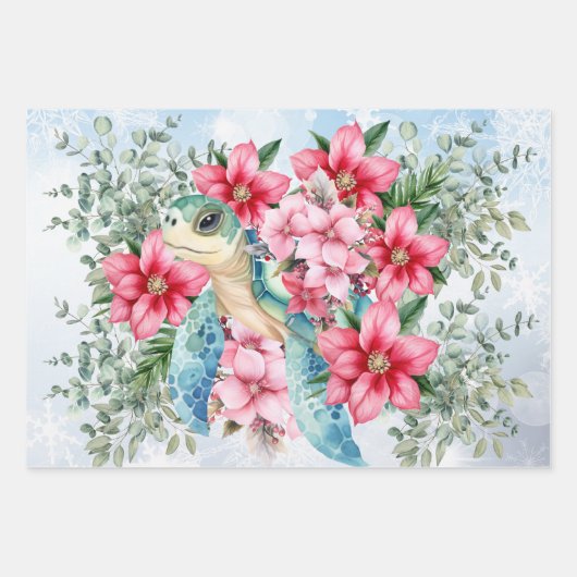 Sea Turtle and Christmas Poinsettias Wrapping Pape Geschenkpapier Set (Vorderseite)