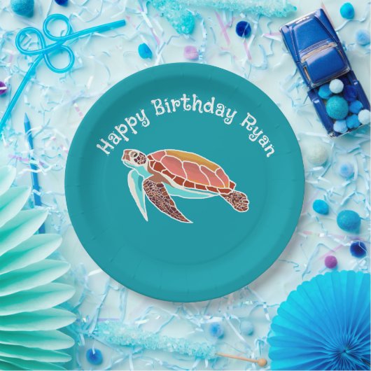 Sea Turtle Art Aquamarin Blue Pappteller (Party)
