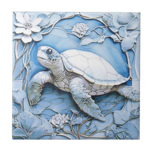 Sea Turtle Art Nouveau Imitats Relief Blue Ocean L Fliese