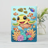 Sea Turtle Baby Happy and Süße Figur Einladung (Stehend Vorderseite)