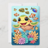 Sea Turtle Baby Happy and Süße Figur Einladung (Vorderseite)