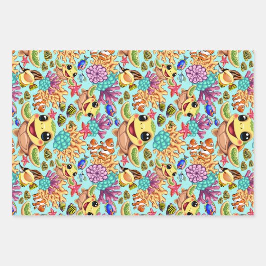 Sea Turtle Baby Happy and Süße Figur Geschenkpapier Set (Vorderseite)