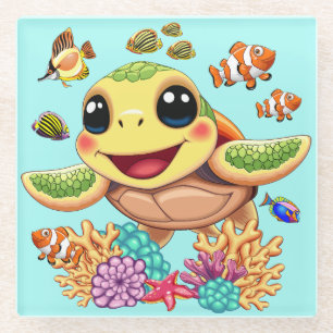 Sea Turtle Baby Happy and Süße Figur Glasuntersetzer