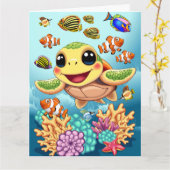 Sea Turtle Baby Happy and Süße Figur Karte (Gelbe Blume)