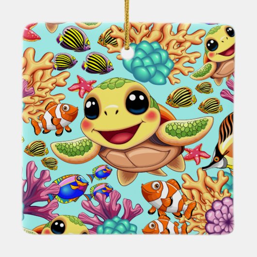 Sea Turtle Baby Happy and Süße Figur Keramikornament (Rückseite)
