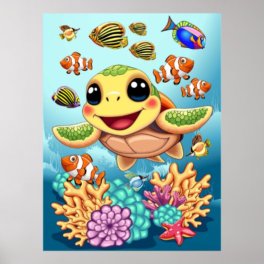 Sea Turtle Baby Happy and Süße Figur Poster (Vorne)