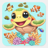 Sea Turtle Baby Happy and Süße Figur Quadratischer Aufkleber (Vorderseite)