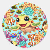 Sea Turtle Baby Happy and Süße Figur Runder Aufkleber (Vorderseite)