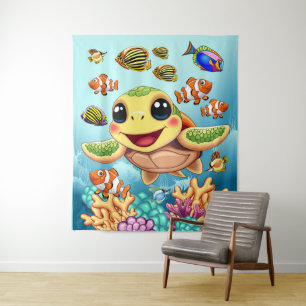 Sea Turtle Baby Happy and Süße Figur Wandteppich