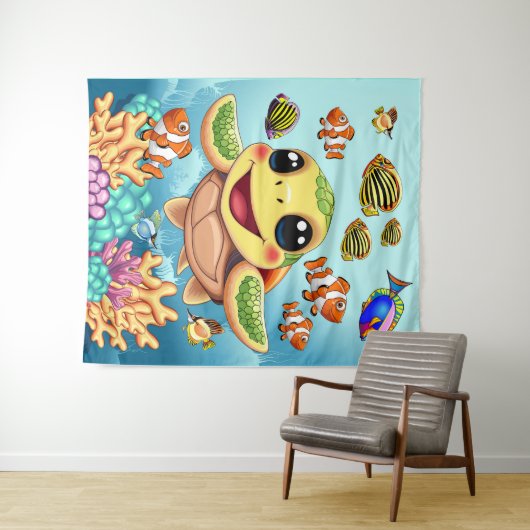 Sea Turtle Baby Happy and Süße Figur Wandteppich (Beispiel (Horizontal))