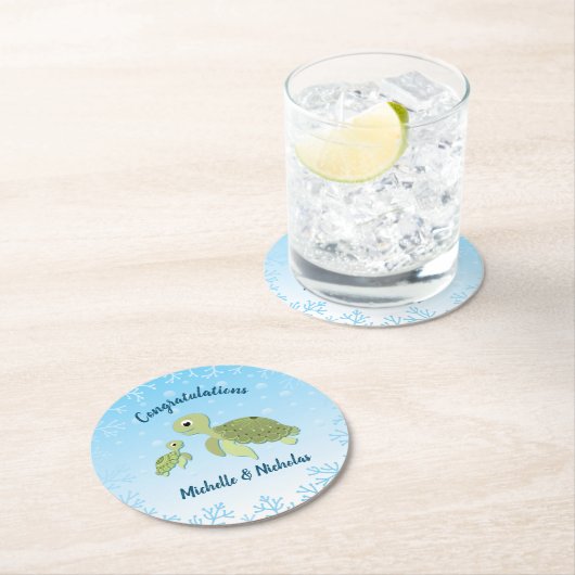 Sea Turtle Baby Shower Co-Ed Gender Neutral Runder Pappuntersetzer (Vor Ort)