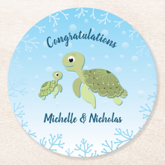 Sea Turtle Baby Shower Co-Ed Gender Neutral Runder Pappuntersetzer (Vorderseite)