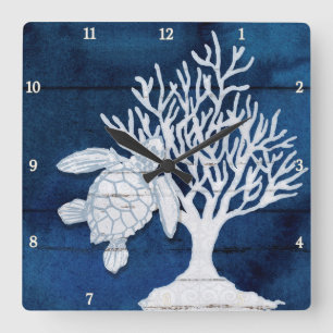 Sea Turtle Beach House Coral Vintag Blue n White Quadratische Wanduhr