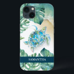 Sea Turtle Beachy Custom Phone Case<br><div class="desc">Dieses individuell gestaltete Telefongehäuse verfügt über eine Aquarellschildkröte,  eine Küstenlinie und tropische Monstera-Palmen-Blätter. Personalisieren Sie Ihren Namen in Weiß über einen marineblauen Hintergrund. Kunst und Design von Victoria Grigaliunas. Weitere Fälle von Meereslebewesen und Strandtelefonen wie dieser finden Sie unter www.zazzle.com/dotellabelle</div>