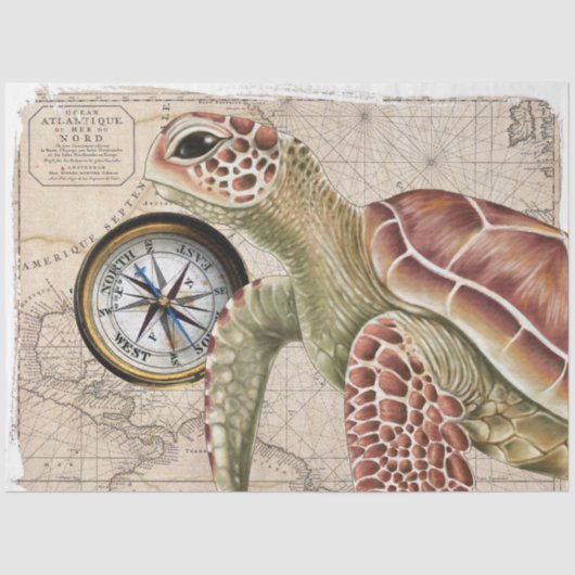 Sea Turtle Compass Vintage Karte Schöne Kunst Seidenpapier (Vorderseite)