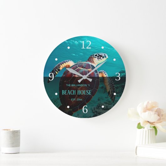 Sea Turtle Custom Beach House Große Wanduhr (Zuhause)