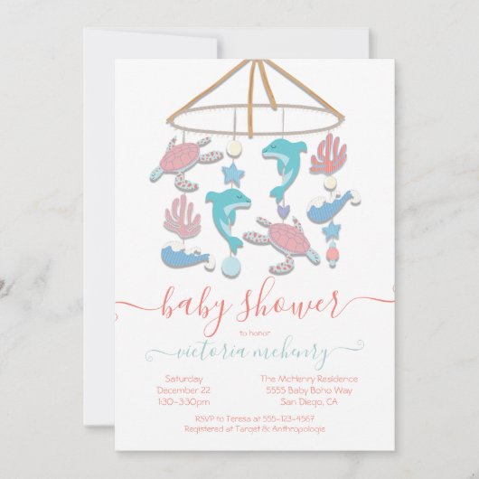 Sea Turtle Dolphin Mobile Baby Dusche Einladung (Vorderseite)