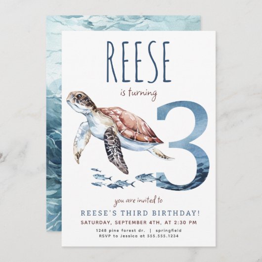 Sea Turtle Dritter Geburtstag Einladung (Vorne/Hinten)