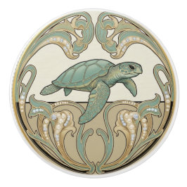 Sea Turtle Green Cream & Gold Art Deco Nouveau Keramikknauf
