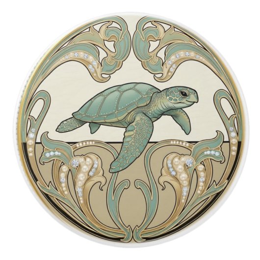 Sea Turtle Green Cream & Gold Art Deco Nouveau Keramikknauf (Vorderseite)