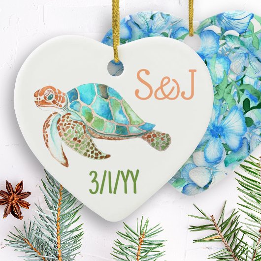 Sea Turtle Heart, Monogram Christmas Keramik Ornament