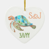 Sea Turtle Heart, Monogram Christmas Keramik Ornament (Vorne)