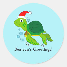 Sea Turtle in einer Weihnachtsmannmütze Weihnachts Runder Aufkleber
