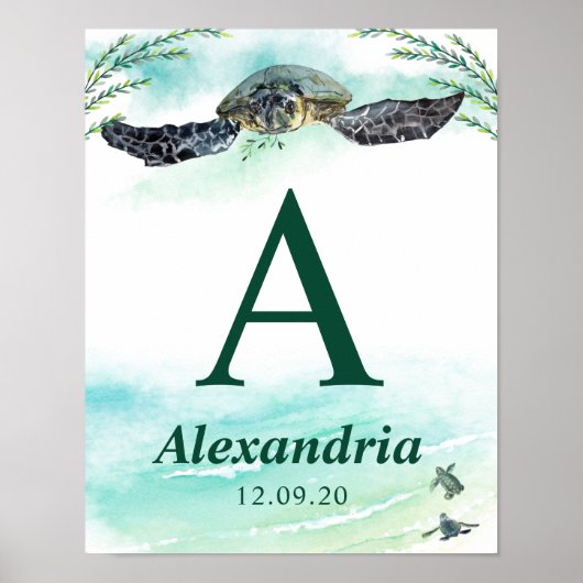 Sea Turtle Monogram Name Birthdate Kinderzimmer Poster (Vorne)
