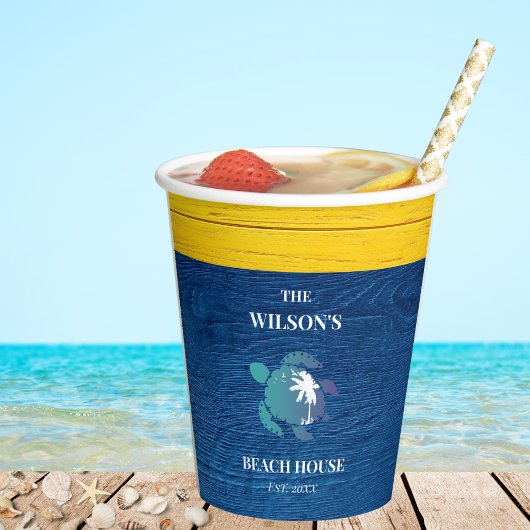 Sea Turtle Navy Blue Wood Family Beach House Pappbecher