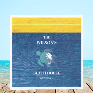 Sea Turtle Navy Blue Wood Family Name Beach House Serviette