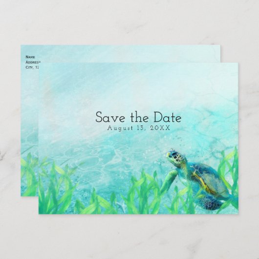 Sea Turtle Ocean Beach Art Hochzeit retten Datum Ankündigungspostkarte (Vorne/Hinten)