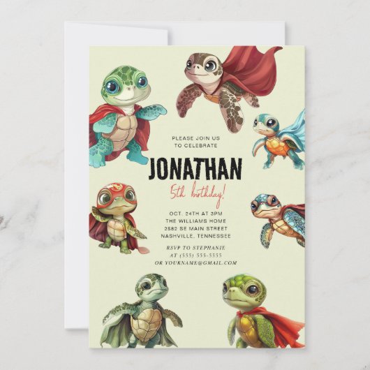 Sea Turtle Superhero Kindergeburtstag Einladung (Vorderseite)