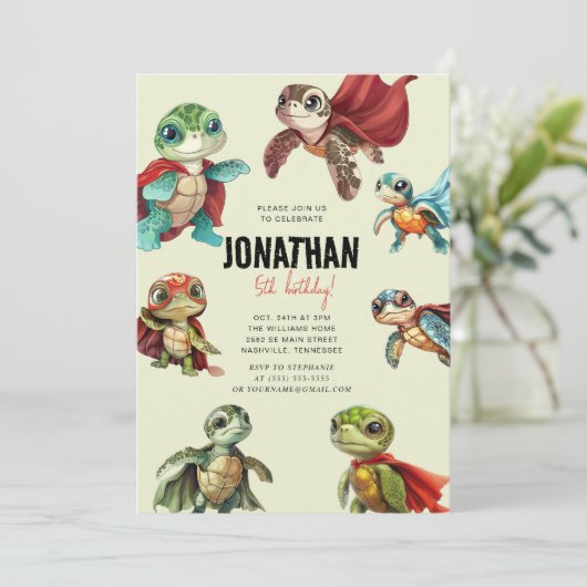Sea Turtle Superhero Kindergeburtstag Einladung (Stehend Vorderseite)