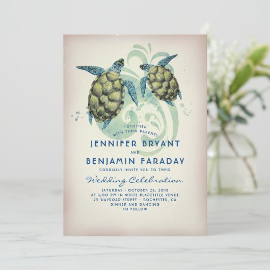 Sea Turtle Tropical Beach Hochzeit Einladung (Stehend Vorderseite)