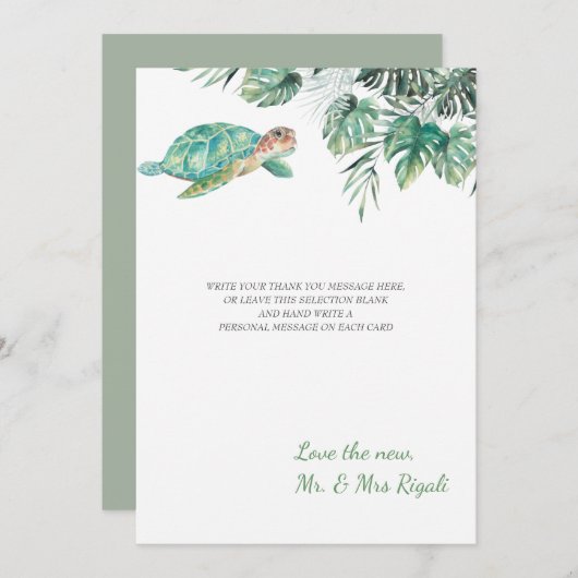 Sea Turtle Tropical Blätter Wasserfarbenhochzeit Dankeskarte (Vorne/Hinten)