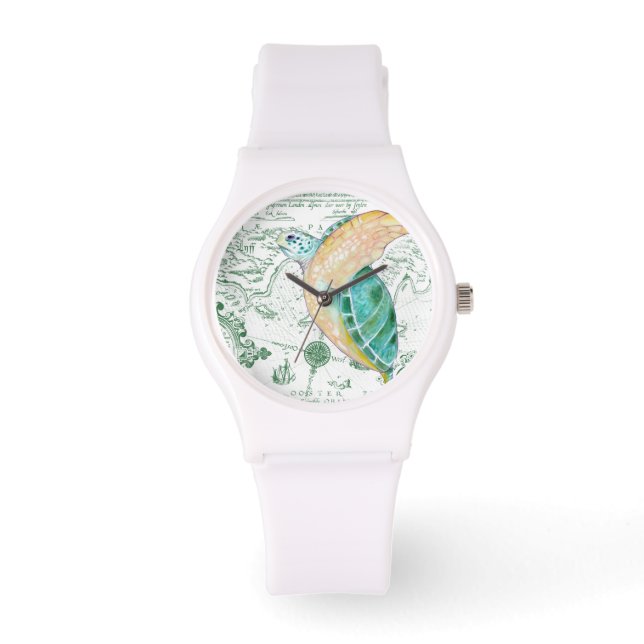 Sea Turtle Vintag Map white Armbanduhr (Vorderseite)