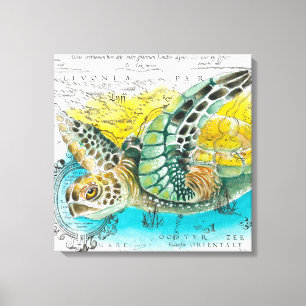 Sea Turtle Watercolor Vintage Karte Leinwanddruck