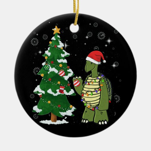 Sea Turtle Wearing Weihnachtsmannmütze Frohe Weihn Keramik Ornament (Vorne)