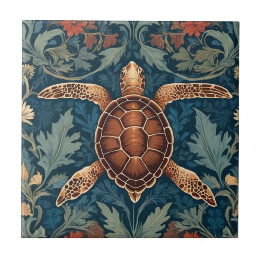 Sea Turtle William Morris Stil Fliese (Vorderseite)