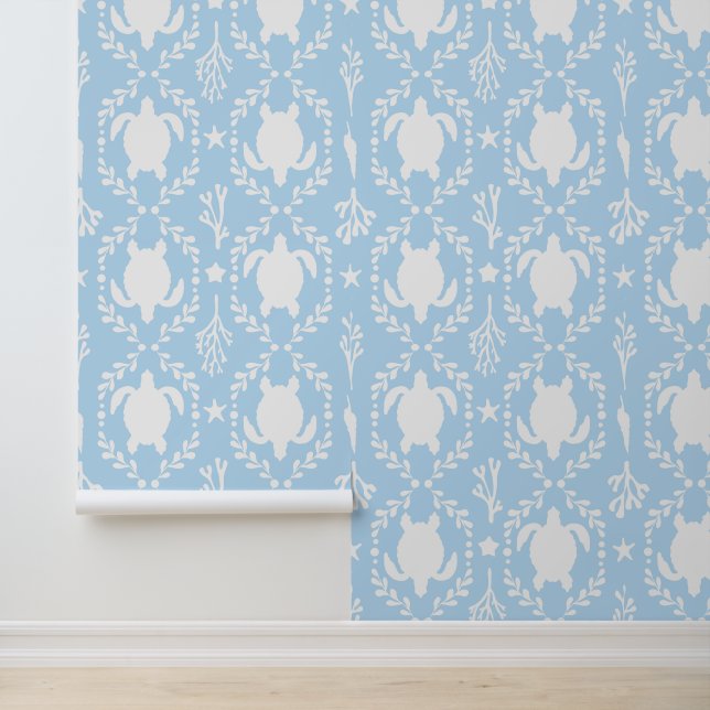 Sea Turtles and Starfish White and Light Blue Tapete (Anwendung)