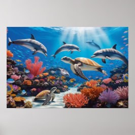 Sea Turtles & Dolphins in Colorful Coral Garden Poster