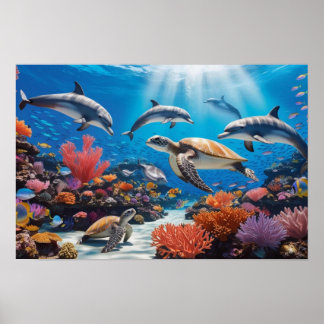 Sea Turtles & Dolphins in Colorful Coral Garden Poster