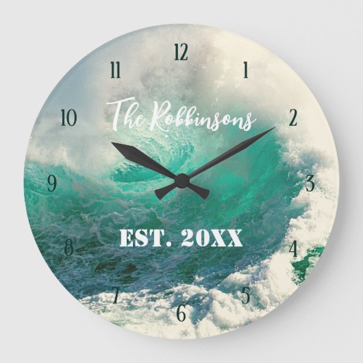 Sea wave personalized family name large clock große wanduhr (Vorderseite)