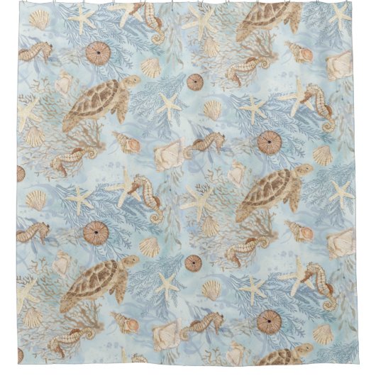 Sea Whispers Turtle Seepferd Starfish Aquarell Duschvorhang (Vorderseite)