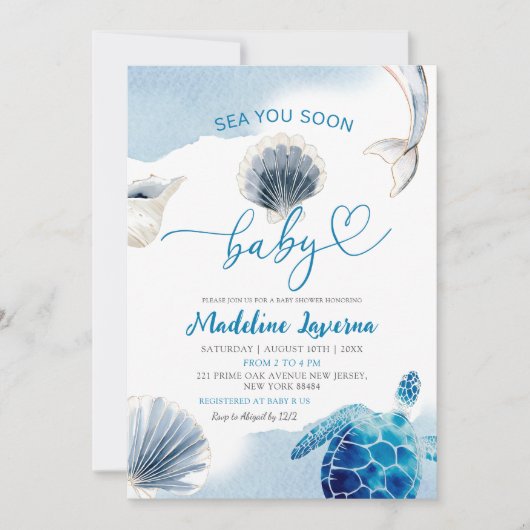 Sea you bald Baby Blue Coastal Baby Dusche Einladung (Vorderseite)