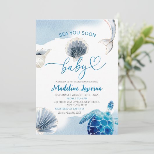 Sea you bald Baby Blue Coastal Baby Dusche Einladung (Stehend Vorderseite)