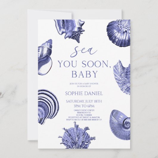 Sea You Soon, Baby Blue Seashells Baby Shower Einladung (Vorderseite)