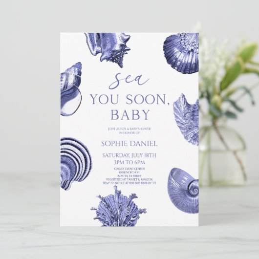 Sea You Soon, Baby Blue Seashells Baby Shower Einladung (Stehend Vorderseite)