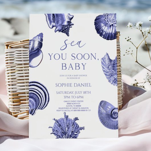 Sea You Soon, Baby Blue Seashells Baby Shower Einladung